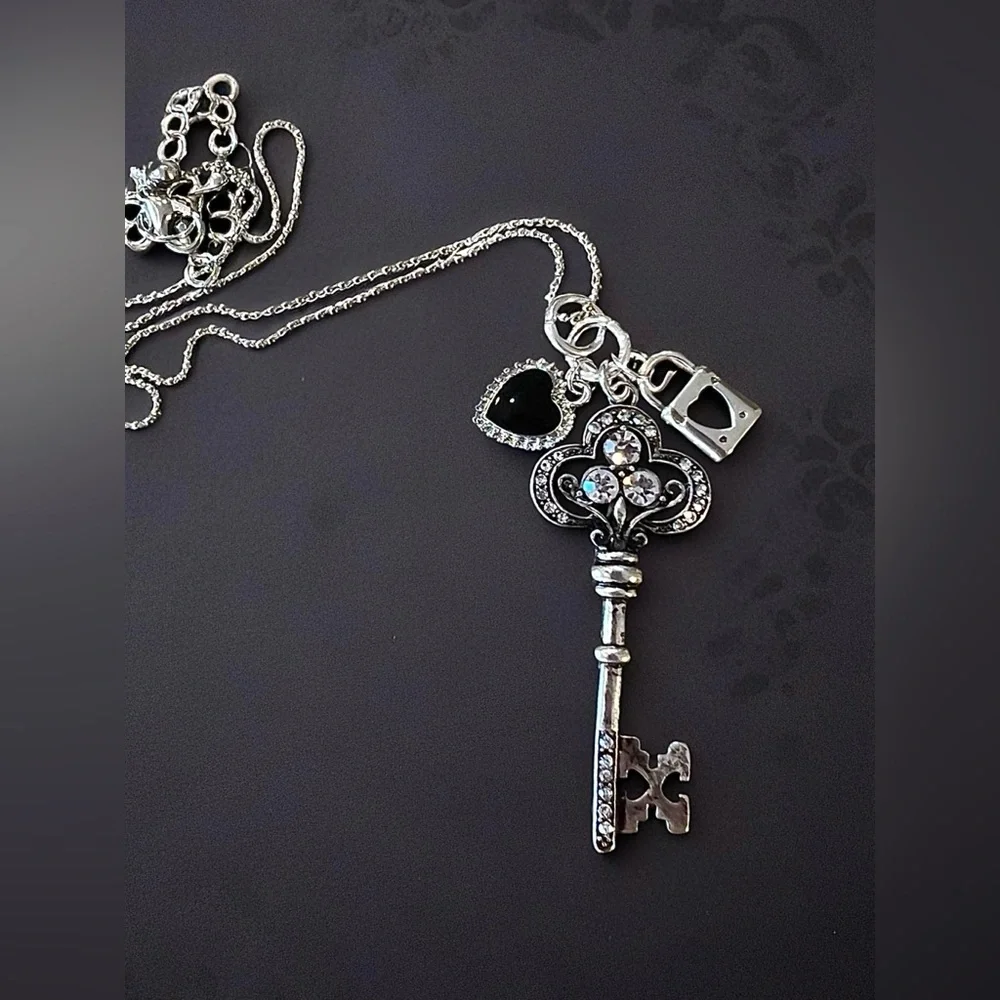 Gorgeous Black and Silver Toned Heart Lock and Key Pendant Necklace